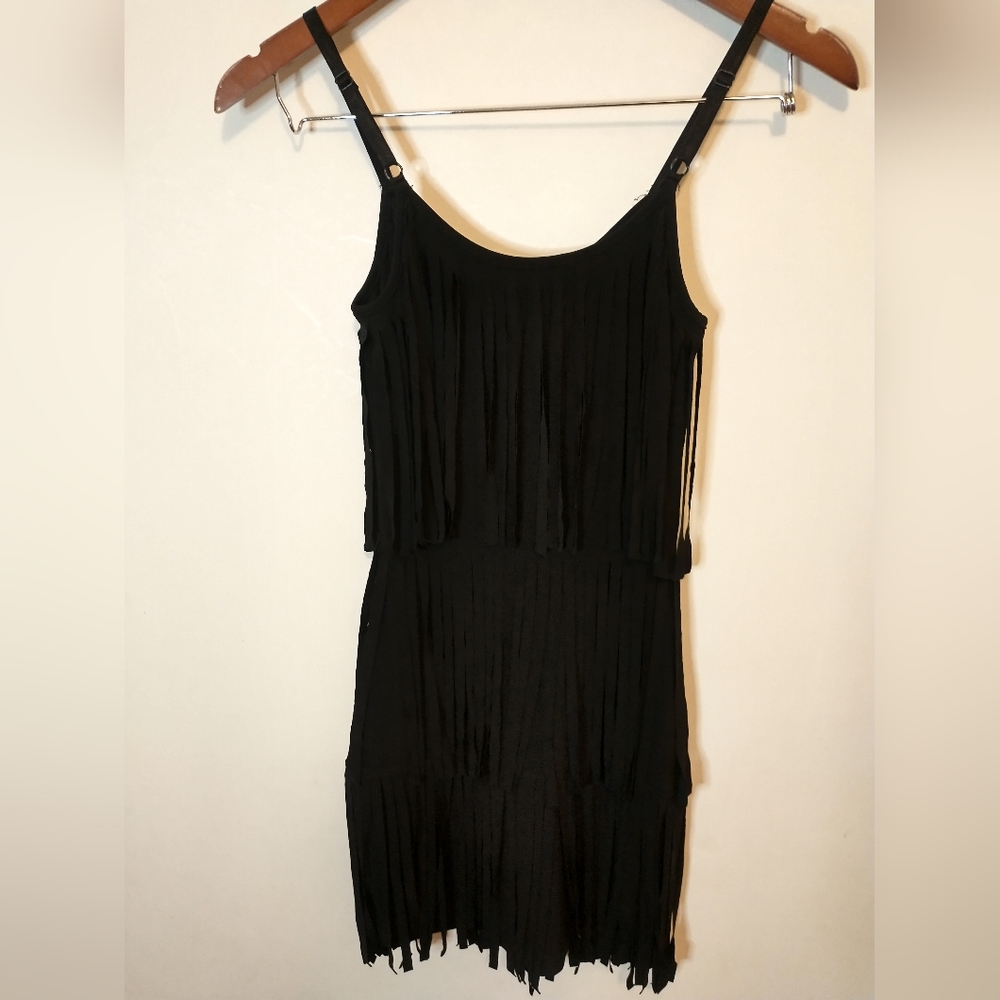 Peep pt Toe Black Fringe Mini Dress Size Small